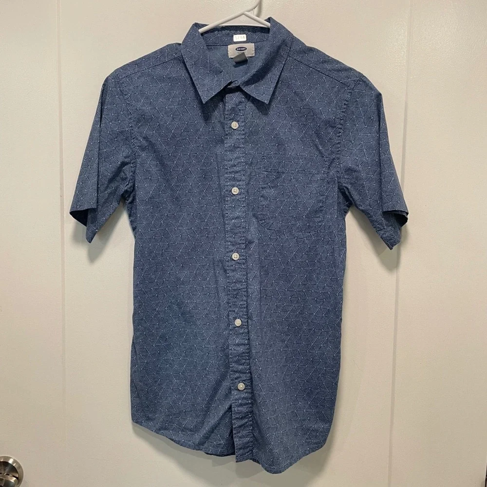 Old Navy Boys XL 14-16 Blue Geometric Triangle Print Button Down Shirt Short Slv